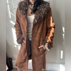 Y2K Boho Western Tan Brown Faux Fur Maxi Coat Grunge Jacket Hippie Large